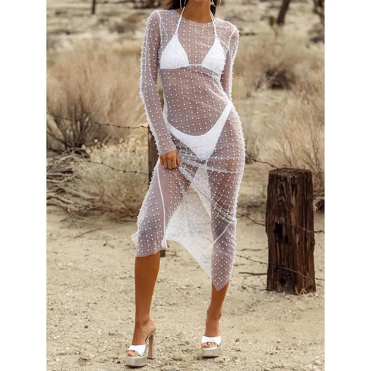 long see through beach dress Shiny Sequined Tulle Long Sleeves See Through Beach Wedding Dresses, CW0302
