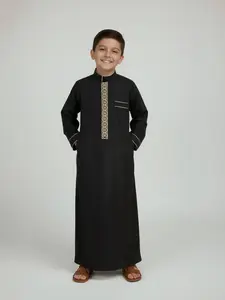 Muslim Traditional Black Thobe for Boys 8-12Y Embroidered Stand Collar Long Sleeve with Pockets Daily & Party Wear