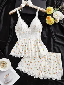 Women's Lace Trim Bow Decor Cami Top & Elastic Waist Shorts Pyjama Two-piece Set, Elegant Adjustable Spaghetti Strap Camisole & Shorts PJ Set, Women's Sleepwear for Summer, Womenswear, Lace Lingerie