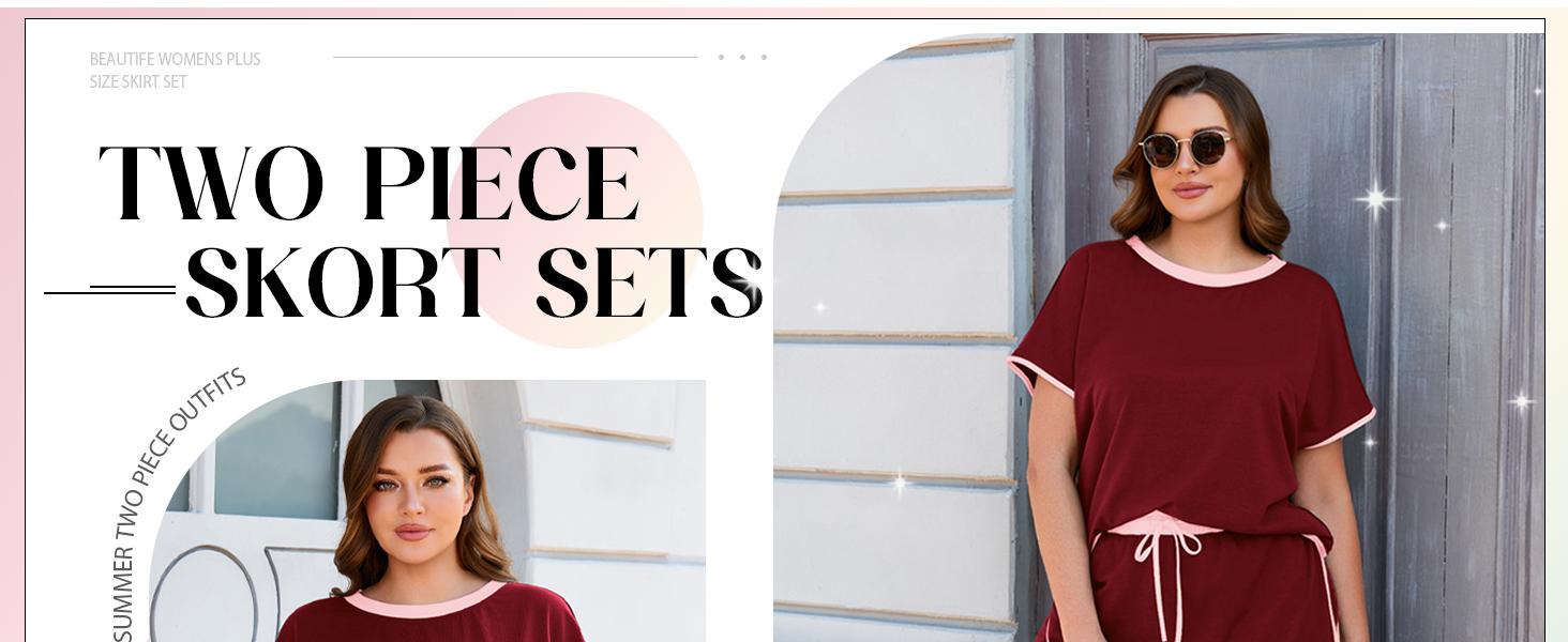 TANKANEO Womens Plus Size 2 Piece Shorts Set Summer Short Sleeve Color Block Shirts and Skort Casual Matching Sets