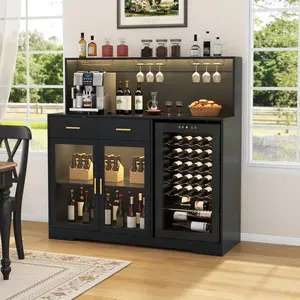Wine Bar Cabinet with Fridge Space, Fluted Coffee Bar Cabinet with Charging Station & LED Lights, 53" Wide Liquor Cabinets with 2 Tier Countertop & Glass Doors, Black Buffet Sideboard Cabinet for Dining Room, Living Room, Kitchen