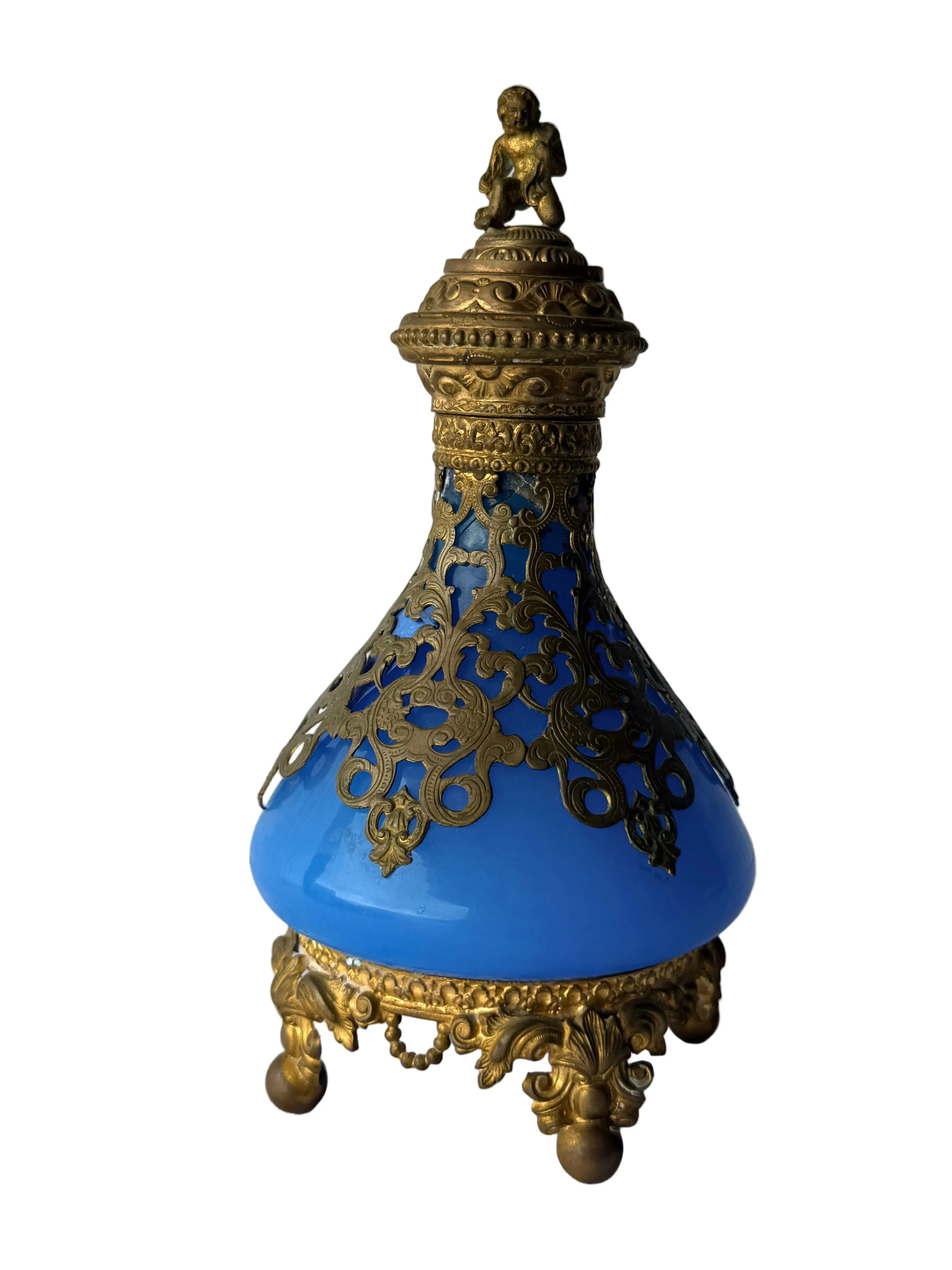 Antique French Palais Blue Opaline Ormolu Glass Perfume Bottle