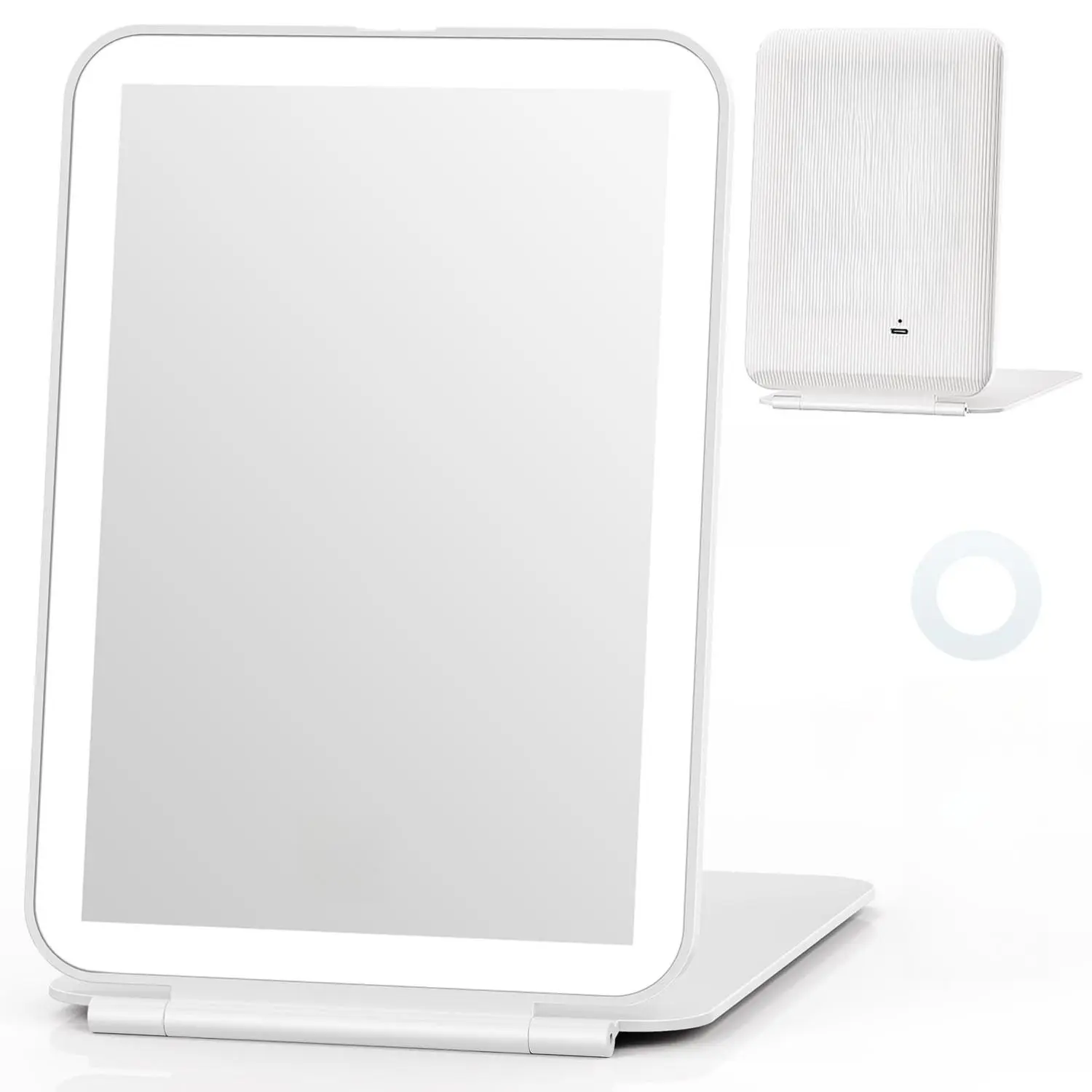 [New Deal] Rechargeable Travel Makeup Mirror with Light, Lighted Compact Vanity Mirror with 1x/10X Magnification, 3 Dimmable Color LED Lights, Foldable Ultraslim Lightweight Portable Cosmetic Mirror Decor