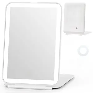 [New Deal] Rechargeable Travel Makeup Mirror with Light, Lighted Compact Vanity Mirror with 1x/10X Magnification, 3 Dimmable Color LED Lights, Foldable Ultraslim Lightweight Portable Cosmetic Mirror Decor