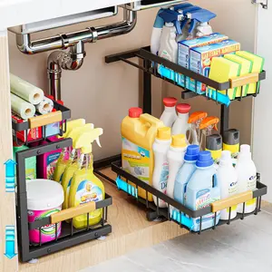 2-Pack 2-Tier Adjustable Under Sink Organizer, Pull-Out Sliding Storage Shelf for Kitchen & Bathroom Cabinets