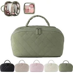 Large Capacity Travel Makeup Bag for Women - One Bag to Hold All Your Skincare and Makeup Cosmetics, 180 °   Lay Flat Puffy Cosmetic Organizer with 5 Compartments, Machine Washable, Ideal Gift for Her