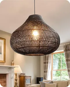 Black Rattan Chandelier, 16.5" Large Hand-Woven Wicker Basket Hanging Light for Dining Room Kitchen Island Living Room