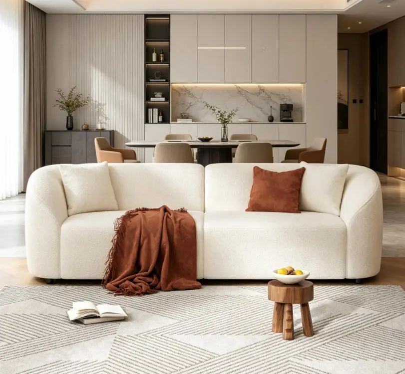 87" Beige Curved Contemporary Sofa - Plush Seating, Streamlined Design, Durable Frame - Ideal for Stylish Living Rooms (Indoor Living Room Furniture Sofa Set) Boneless Couch Decorative Sofa