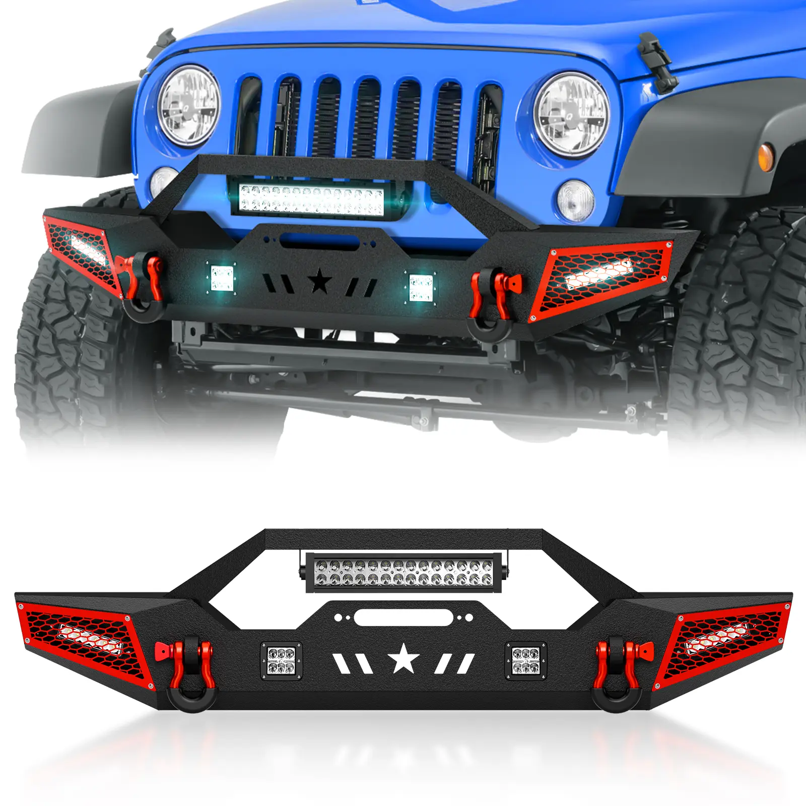 【EYOUHZ】Front Bumper Car Accessories, Bolt-On Carbon Steel Paintable Armor for 2018-2026 Jeep Wrangler JL JLU Unlimited JL Series 2/4 Doors, Off-Road Kit with 7 LED Lights, Winch Plate, 2" Hitch Receiver, D-Rings, Tow Points, Powder Coat Finish