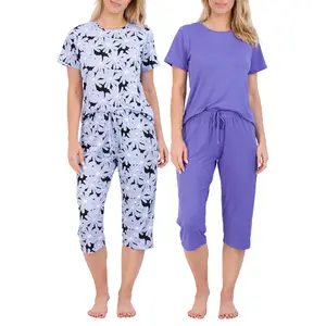 Real Essentials 2 Pack: Womens Short-Sleeve PJ Top with Capri Pants - Pajama Lounge & Sleepwear Set (Available In Plus)