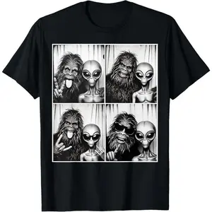 100% Cotton Funny Photobooth Photo Sasquatch UFO Bigfoot And Alien T-Shirt