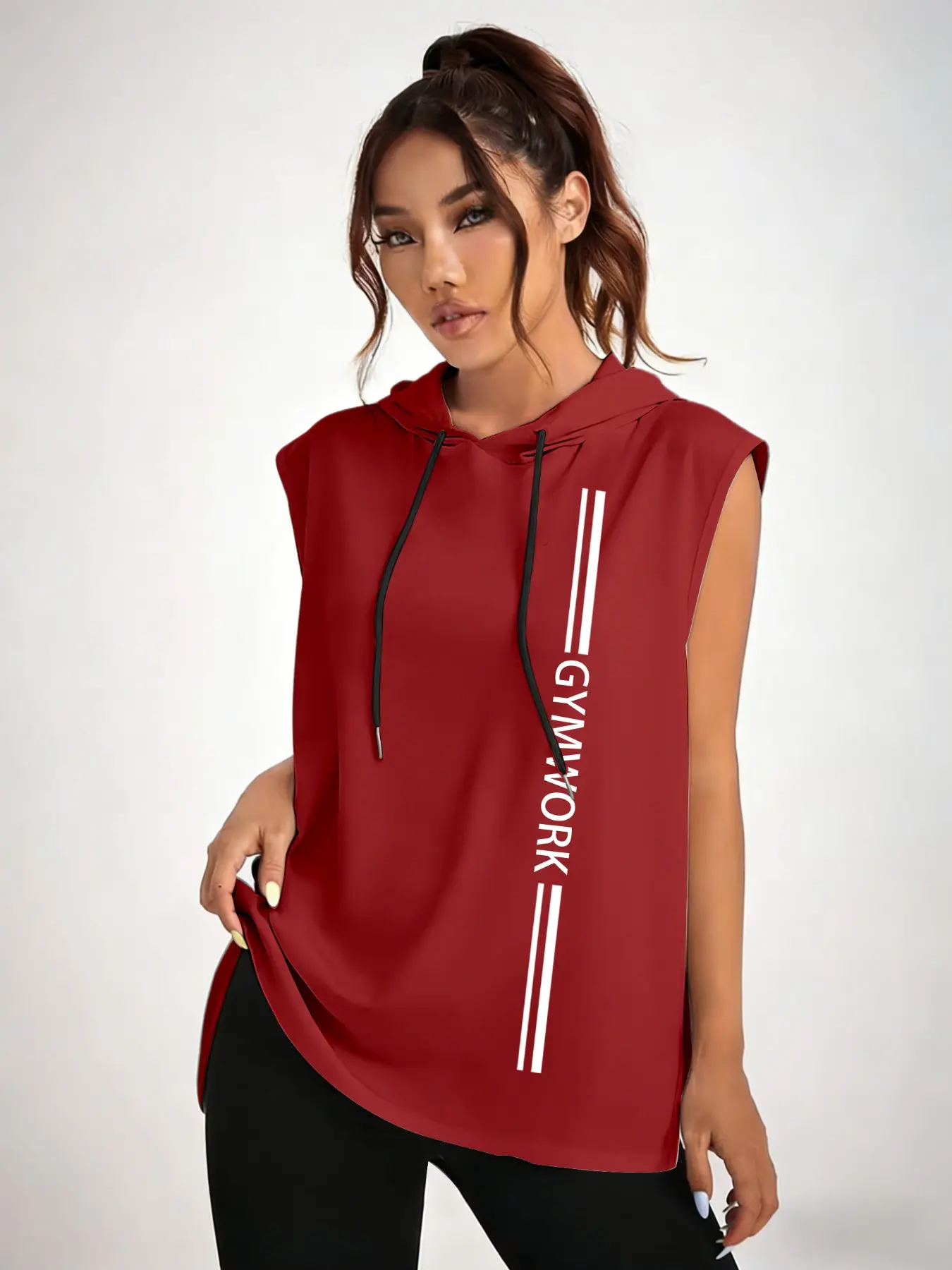 Women's Drawstring Hooded Sleeveless Vest, American Side Stripe Gymwork Letter Print Curved Hem Tee, Breathable Comfort Fitness Workout Daily Wear, Tank Vest, Sleeveless Sports Vest