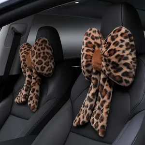 2 Pcs Car Neck Pillow Plush Butterfly Bow Car Headrest Pillow Comfortable Seat Neck Support Cute Head Rest Accessories for Driving Travel Driver Chair Girl Style Interior Decor(Leopard)