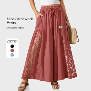 【SS26 Collection】TARSE Women Linen Blend Wide Leg Pants Lace Patchwork Boho Loose Elastic Waist Palazzo Pants Summer Beach Trousers with Pockets