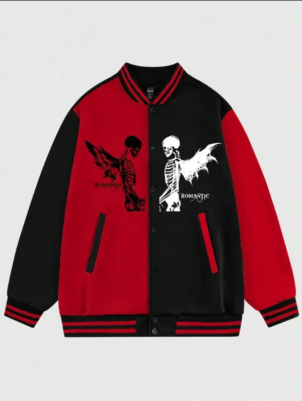 Goth Guys Two Tone Skeleton Graphic Varsity Jacket