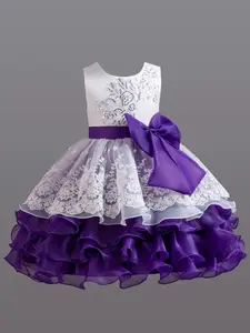 Girl's Floral Embroidery Contrast Sequin Bow Decor Tiered Layer Dress, Elegant Patchwork Sleeveless Round Neck Party Dress for Performance Wedding Guest, Layered Tulle Dress, Kids Clothes for All Seasons