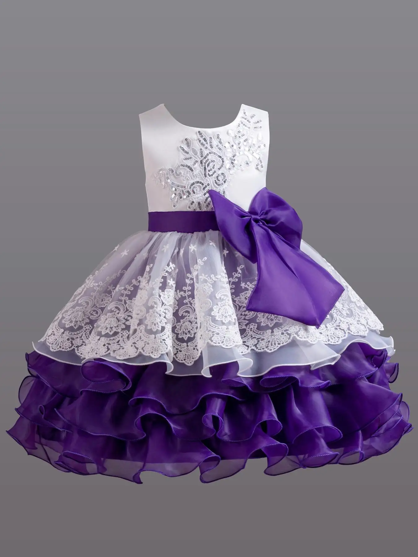 Girl's Floral Embroidery Contrast Sequin Bow Decor Tiered Layer Dress, Elegant Patchwork Sleeveless Round Neck Party Dress for Performance Wedding Gue