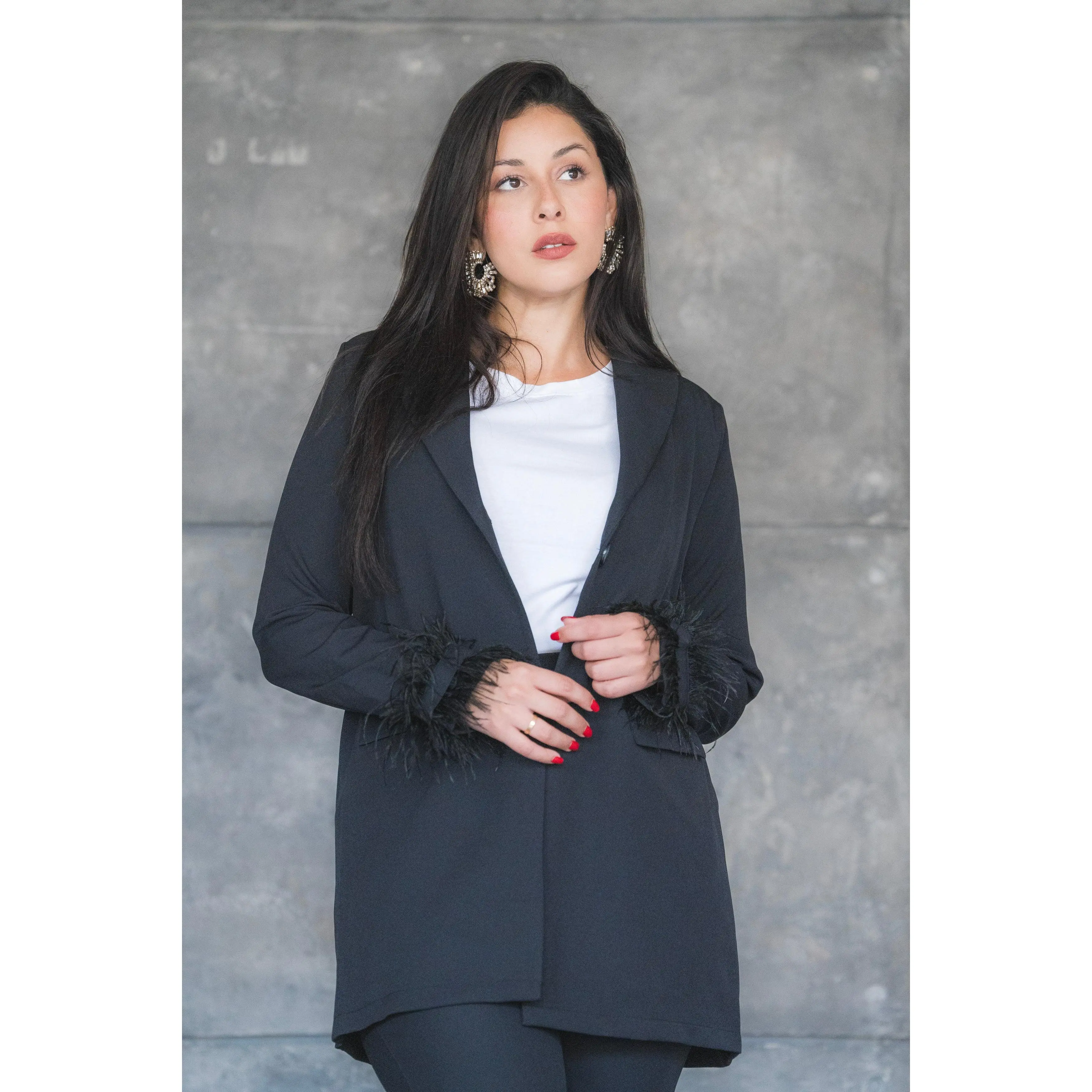 Black Feather-Trimmed Pantsuit Set