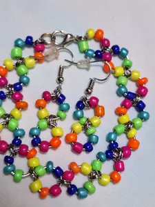 Handmade Rainbow Beaded Earrings and Bracelet Set - Colorful Glass Beads