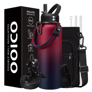 40 oz Insulated Water Bottle - Cold for 48H, 40oz Stainless Steel Flask for Workout Sports Gym, Water Bottle with Strap Carrying Pouch, Paracord Handle, Straw & Auto Spout Lid