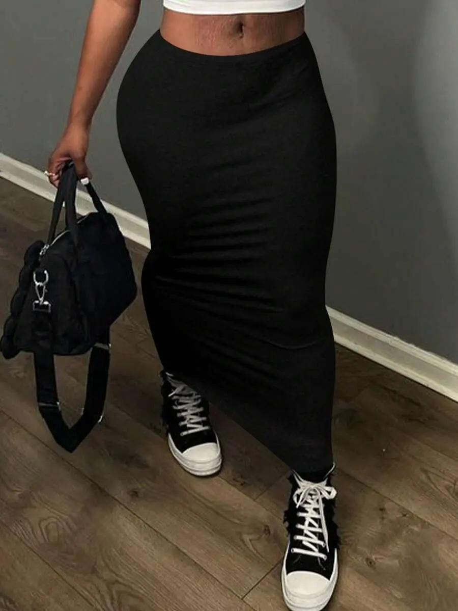 Plus Size Casual Knit Skirt Solid Color Versatile Everyday Wear