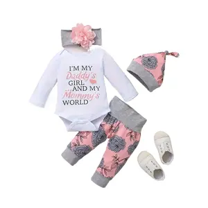 Newborn Baby Girls' 2pcs Set - Love Letter Print Bodysuit + Floral Pants (Outdoor Wear)