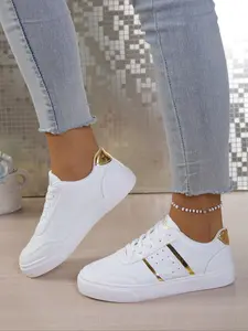 Women's White Low - Top Lace - Up Casual with Gold Accents, Breathable Lightweight Comfort Footwear, Non - Slip Fashionable Shoes for Daily Wear, Walking and Casual Outings, Trendy Athletic Streetwear Footwear, Flat Sneakers