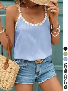 Women's Daisy Trim Cami Top - Basic Ribbed Spaghetti Strap Casual Lightweight Summer Blouse Womenswear