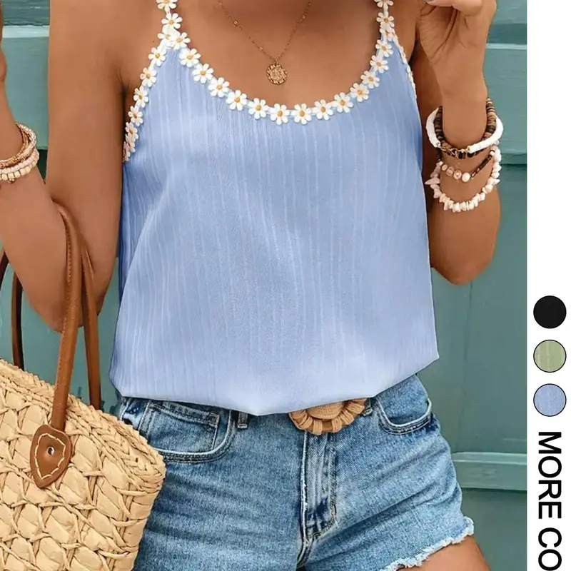 Women's Daisy-Decor Lightweight Spaghetti-Strap Camisole Top for Summer Casual Wear