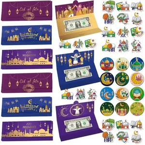 30 count Eid  Envelopes with Stickers,  &  Card Holder, Ramadan Eid Al-Fitr Al-Adha Mubarak Greetings Supplies for  Men Women, Double-Sided Printed  Card Holder, 6 Designs