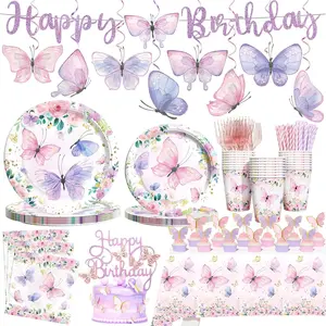 Party Inspo Butterfly Birthday Party Supplies, 169 Pcs Butterfly Birthday Decorations with Paper Plates, Napkins, Cups, Cutlery, Tablecloth, Banner, Hanging Swirl for Girls Birthday, Serves 24