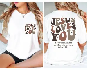 Men's Seamless Short-Sleeve Round Neck Solid Cotton Fabric T-Shirt - Soft Smooth Casual Top, Jesus Loves You Graphics, Bible Verse Print, Christian Merch