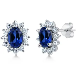 Gem Stone King 7X5MM Oval Gemstone Birthstone Stud Earrings For Women | Princess Diana Royal Halo Style | 925 Sterling Silver | Fine Jewelry Gifts for Anniversary Wedding Her Mom Women Wife