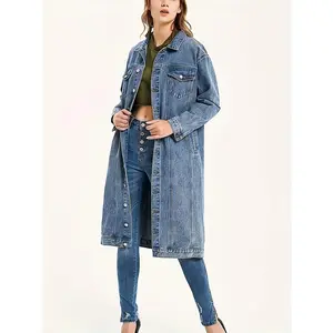[Long Solid Blue Denim Jacket] Women's Cotton Maxi Long Denim Jacket Casual Long Sleeve Solid Blue Jean Jacket Coat