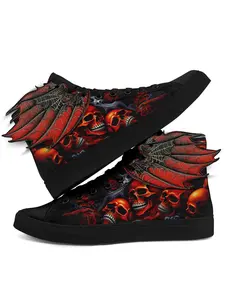 Men's Gothic Skull Wing High-Top Sneakers, 3D Wing Halloween Shoes, Red Flame Skull Print Design. Spooky Horror Punk Streetwear, Unisex Shoes for Men & Women