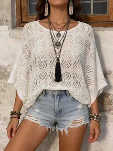 Women's Summer Boho Style Loose-Fitting Short Sleeve Knit Sweater, Casual One Shoulder Pullover, Plus Size Vacation Wear