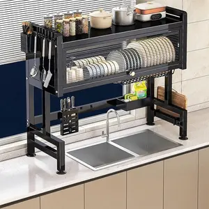 3-Tier Over Sink Dish Drying Rack with Dustproof Cover, Space-Saving Kitchen Storage Shelf, Rustproof Metal Organizer with Drain Tray, No-Drill Fit for 85cm Sink