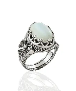 Mother of Pearl Gemstone Filigree Art Double Butterfly Detailed Women Silver Statement Ring