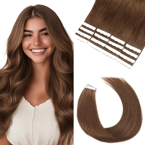Vlasy 100% Raw Human Hair Tape-In Extensions, Natural Straight, 16 Pieces, 12-24 In Long, 1.25g/pc to 2.5g/pc