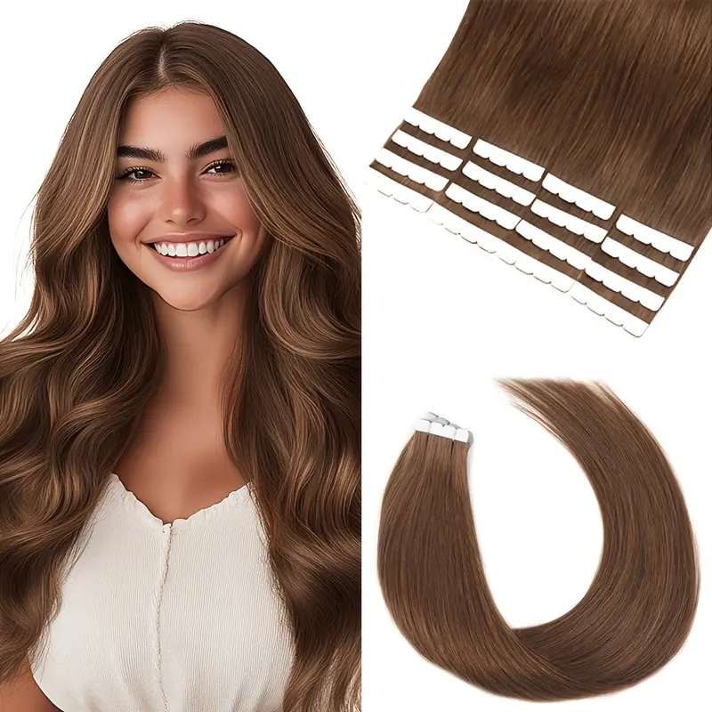 Vlasy 100% Raw Human Hair Tape-In Extensions, Natural Straight, 16 Pieces, 12-24 In Long, 1.25g/pc to 2.5g/pc