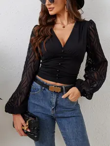 Deep V Lace Sleeveless Top Blouse, Waist Cinched Short Design, Button Detail, Elegant Commute Date Daily Wear