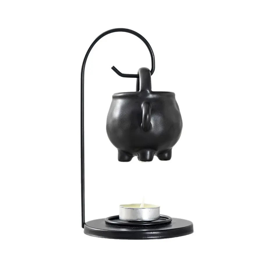 Ceramic Witch Cauldron Pot Wax Melt Burner - Smooth Iron-Accented Durable Home Fragrance Ornament, Flameless Aroma Diffuser, Candle/Freshener Compatible, Halloween Indoor Decor, Ideal Gift for Home Supplies Enthusiasts