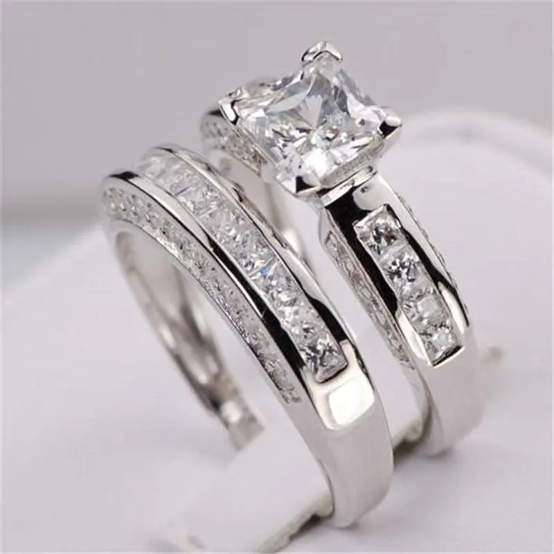 Princess Cut 3-Stone Moissanite Engagement Rings Set, Platinum-Plated 2-Piece Wedding Ring Band (SKU JZ-38, with Moissanite Stones)