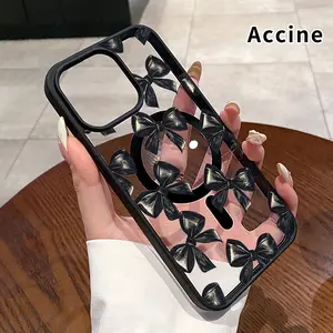 Compatible for iPhone iPhone 17 Pro Max 16 Plus 15 14 13 12 11 Air E Bow - tie Pattern Shockproof Non-Yellowing Crystal Transparent Acrylic Soft Case Supports Wireless Charging.