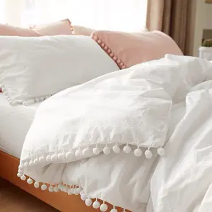 Pompom Comforter Set with 2 pillowcase, 3 Piece Boho Bed Set, All Season Farmhouse Microfiber Down Alternative Bedding Quilt for Dorms Bedrooms, Solid Olive Green Burnt Orange Beige White, Queen Full Twin Size