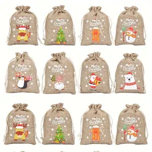 Festive Christmas Burlap Gift Bags Set, 32pcs with Drawstring Closure, Santa, Reindeer, Snowman & Tree Designs for Holiday Gifts, Gift Pouch