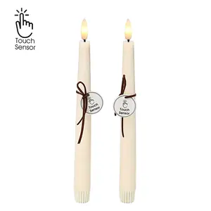 Set of 2 Smart Touch LED Taper Candles | Ivory Real Wax Flameless Window Candles, Battery Operated Warm Light 3D Wick | Faux Candlesticks for Dining Table, Wedding, Christmas Decor (0.79" x 9.65")