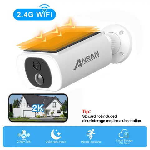 ANRAN 2K Solar Camera Outdoor,100% Wireless Home Security Camera,Support 2.4G WiFi,Color Night Vision,2 Way Audio,PIR Motion Detection,IP65 Waterproof
