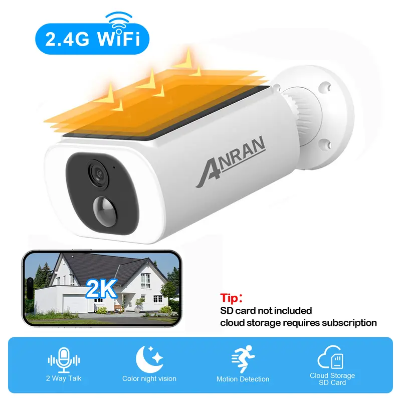 ANRAN 2K Solar Camera Outdoor,100% Wireless Home Security Camera,Support 2.4G WiFi,Color Night Vision,2 Way Audio,PIR Motion Detection,IP65 Waterproof