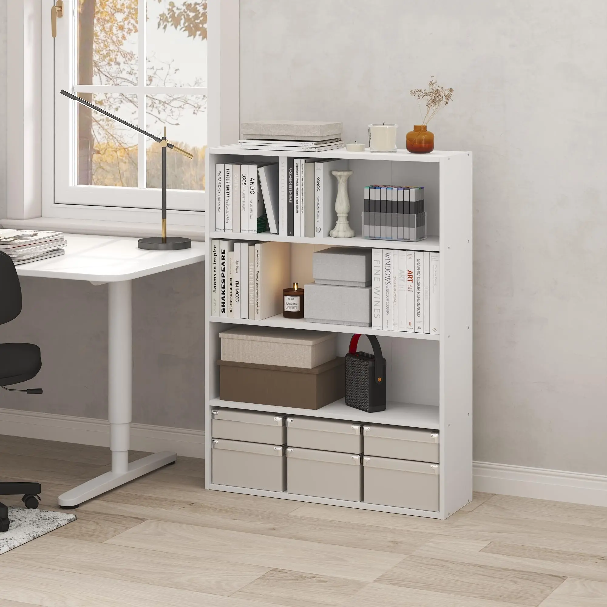 PASIR 4-Tier Open Shelves Bookshelf - Sturdy Base, Space Saver, 8.8x31.3x41.8in Open Storage Bookcase, White Small Furniture for Home Office, Living Room Organization